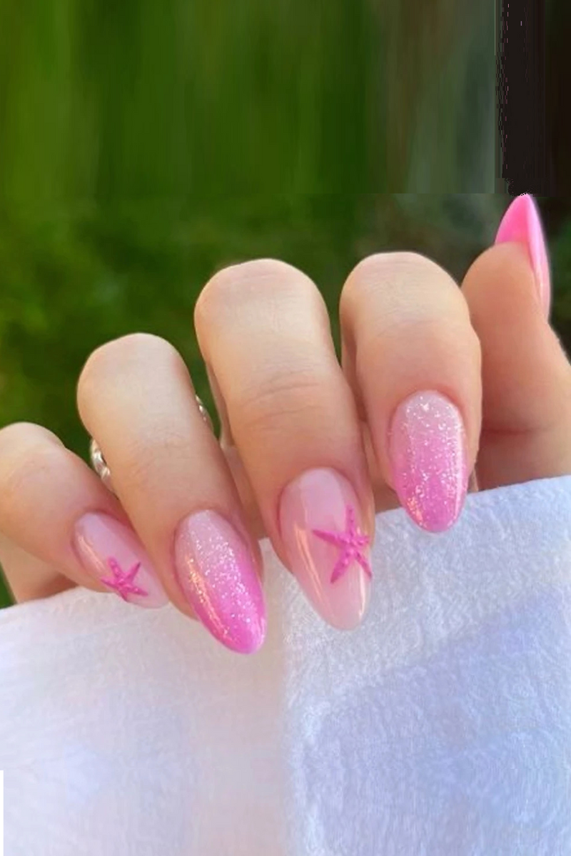 Pink Starfish Gradient French Nail Art Summer Chic False Nail Detachable Finished Fake Nails Press on Nails