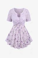 Women's Clothing T-Shirts Flowers Ruffles Floral Embroidery Hollow Out Twist Crop Top