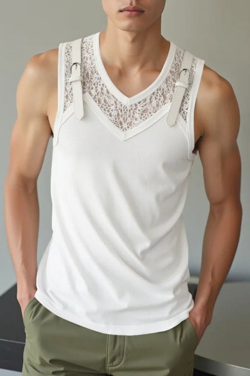 Men Tank Tops Lace See Through Male Vests Sleeveless Summer Men Clothing