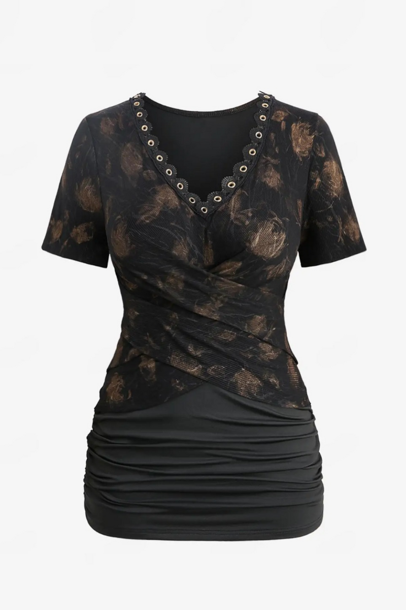 Tie Dye Flower Crossover Tops Lace Trim Grommet T-shirts Women Casual Tees