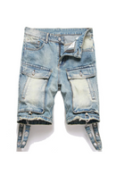 Men Cargo Denim Shorts Summer Punk Rivet Blue Jeans Ripped Hem Knee Length Breeches