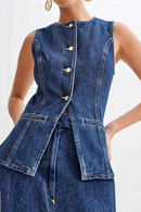 Summer Women Button Front Denim Vest Tops Sleeveless Split Top Waistcoat Tank Tops