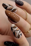 24pcs Short Almond Press On Nails With Leaf Design Autumn Winter Full Cover False Nails For Women Girls