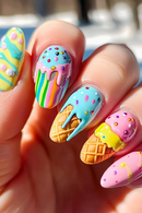 24pcs Sweet False Nail Sets Macarons Design Oval Press on Fake Nails Art Summer Datachable Almond Nails Tips