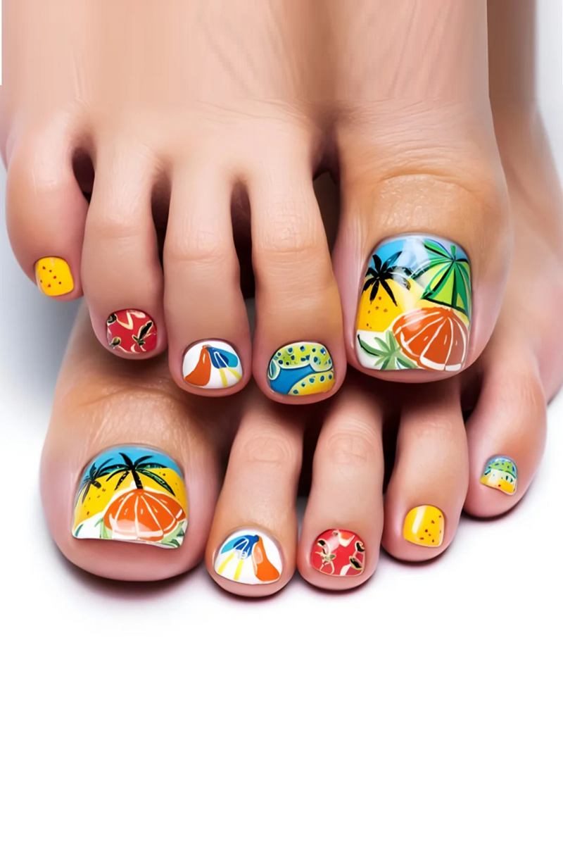 24pcs Summer Cute Fake Toe Nails Beach Coconut Tree Fruit False Toenail Tips for Women Press on Toenails