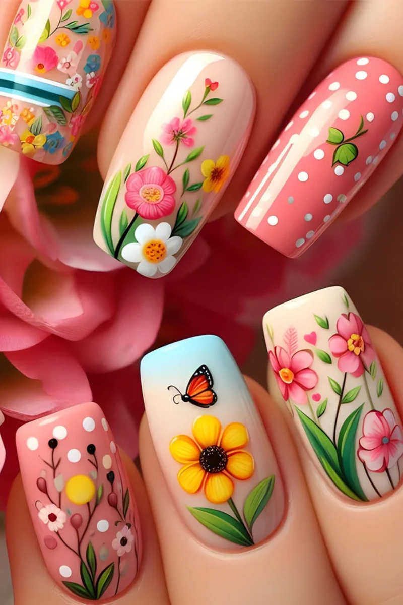 24pcs Ballet Nails Sets Press on Flower Design Mid-length False Nails Art Gradient
