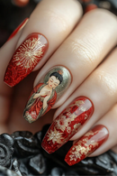 24pcs Dunhuang National Fake Nails Tips Buddha Golden Lotus Pattern Wearable Nails