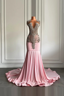 Pink Dresses Sheer Mesh Top Luxury Sparkly Silver Diamond Black Girls Pink Prom Formal Party Gowns
