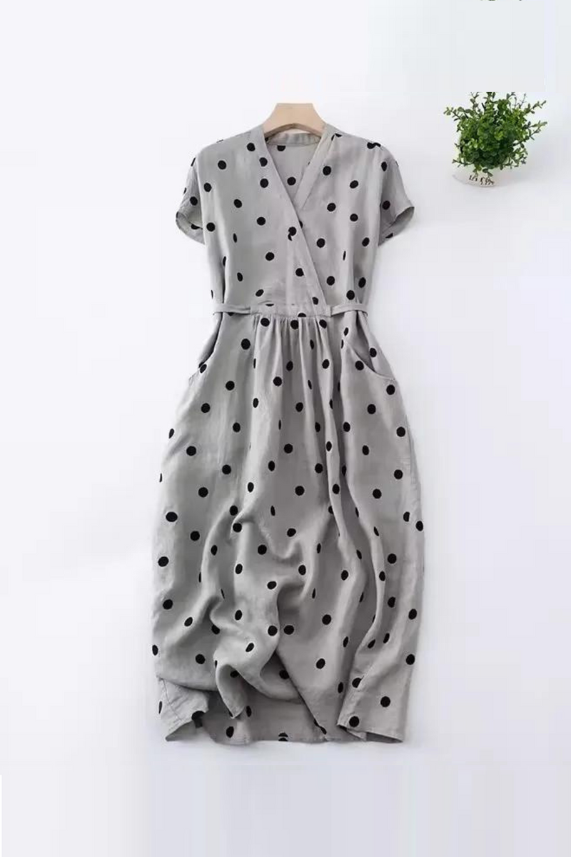 Summer Women Dresses Elegant Short Sleeve Drawstring Midi Dress Vintage Polka Dot Sundress