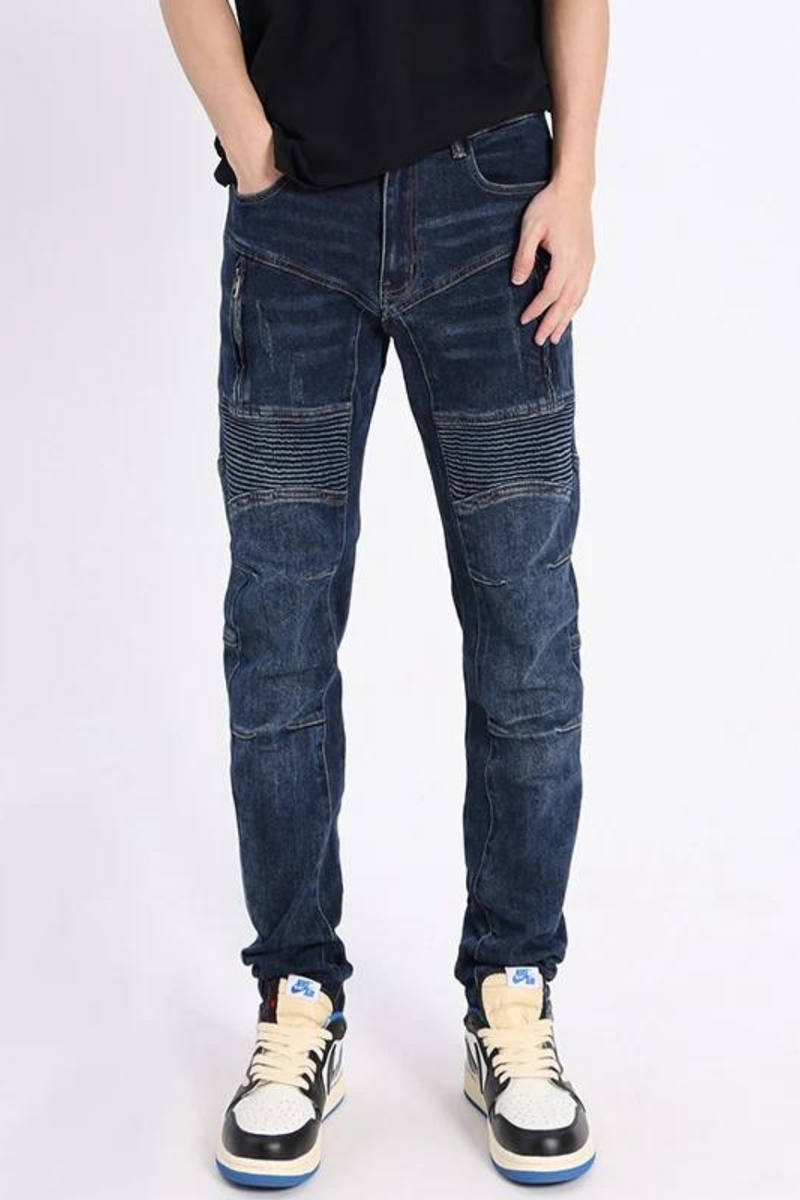 Men Jeans Spliced Designer Elastic Slim Fit Biker Jeans Men Retro Blue Zipper Patched Hip Hop Denim Pants