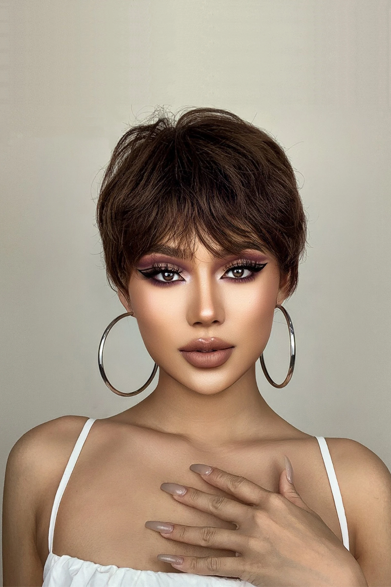 Short Bob Straight Human Hair Wigs with Bangs Pixie Cut Wig Dark Hair Wigs for Women