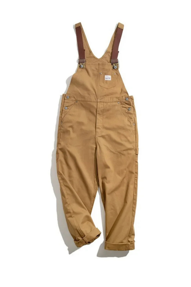 Mens workwear pants Japanese retro work clotheskhaki color suspendersspring canvasmen's fashion large lengthpants pure cotton100