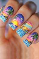 24pcs Fake Nails Press on Sets Summer Seaside Design Full Cover Nails Tips Datachable False Nail Art Finished