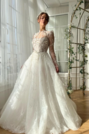 Appliques Pearl Cut-out Ball Gown Prom Dresses Floor-Length Mesh Long Sleeves Formal