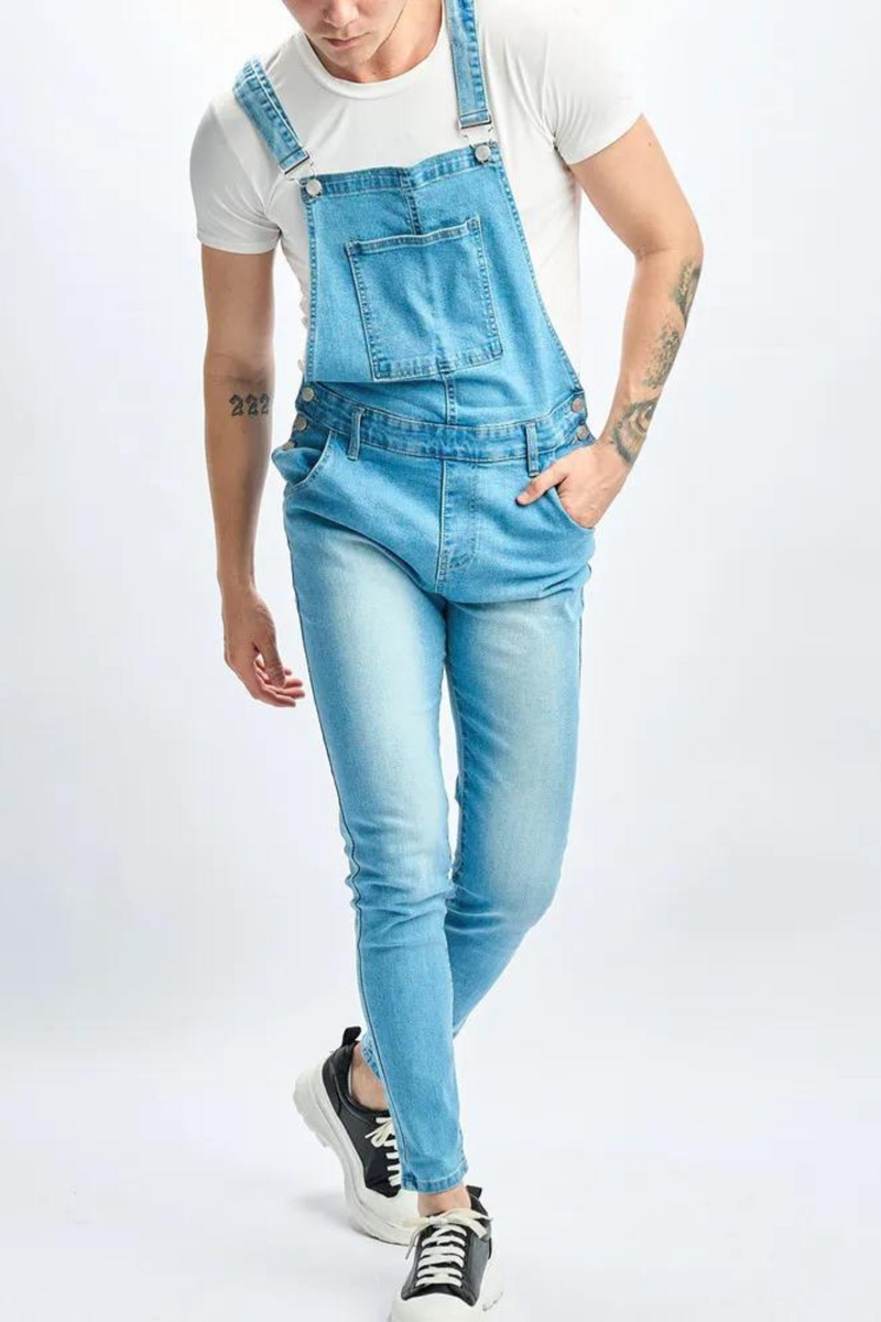 Men Simple Slim Jumpsuits Jeans Motorcycle Male Casual Stretch Biker Strap Denim Pants