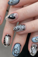 24pcs Gothic Metal Fake Nails Silver Nails 3D Rhinestone Butterfly Decor Almond False Nails Short Oval