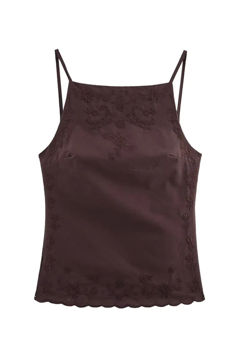 Floral Embroidery Backless Camis Top Women Holiday Summer Brown Tops