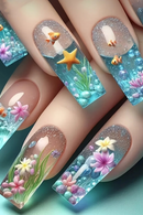 Flower Press on Nails Press on Nails Fish Sea Press on Nails Seashell Nails Ballet Tips False Nails Press on Gradient