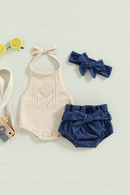 Summer Infant Baby Girl Outfit Halter Neck Knit Sweater Romper Denim Shorts Belt Headband Clothes Set