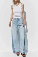 Women versatile temperament simple splicing cotton high waist loose trousers jeans