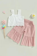 Summer Kids Baby Girls Outfit Solid Sleeveless Lace Tops and Elastic Casual Wide Leg Pants Clothes Set