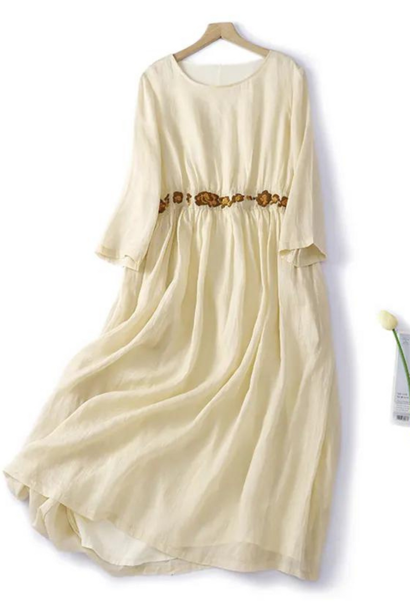 Women Dresses Summer Flower Embroidery High Waist Cotton Dress Long Sundress