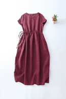 Summer Elegant Woven Linen Midi Dress Women Casual Slim Waist Drawstring Dresses Retro