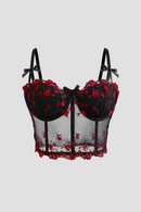 Lace Floral Embroidery Bow Corset For Women Camisole Sheer Mesh Slim Crop Top Wired Bra