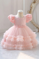 Summer Kids Girl Party Dress Short Puff Sleeves Birthday Round Collar Children Wedding Flower Fluffy Formal Dresses