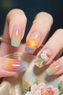 Flower Full Cover Nail with Pearl Design Mid-length Ballet False Nails Press on Square Fake Nail Tip