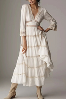 Elegant Hollow Out Women's Long Dresses Flare Sleeves Lace Splicing Dress Summer Autumn Female