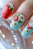 Nails Set Press on Pastoral Short Ballet Nails Strawberry Art Flower Decor Square Manicure