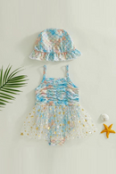 Toddler Girls Summer Casual Swimwear Sleeveless Fish Scale Print Tutu Bathing Suit with Hat