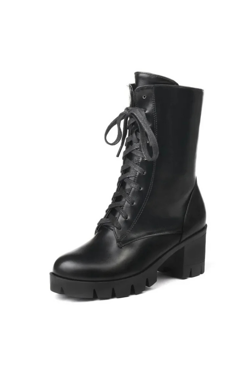 Winter Round head Thick heel boots student Lace Plus velvet Keep warm High heel Women boots size