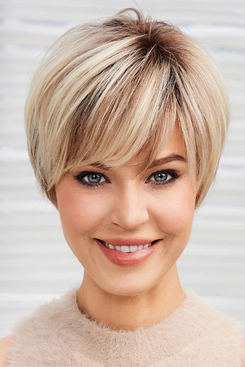 Hair Mixed Blonde Ash Brown Lace Front Wigs Pixie Cut Hairs with Bang Short Straight Wig for Women Bob Human Wig