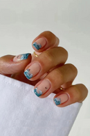 24Pcs Short Blue Sea Wave Designs Fake Nails Press on Wearable Square French Manicure Tips