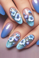 Gradient Blue Flower Fake Nails Almond Wearable Press on Nails Full Cover Stick-on False Nails Women