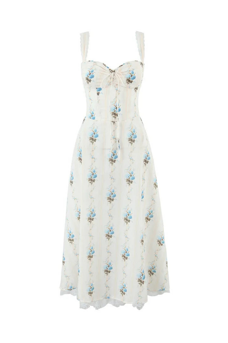 Floral Bow Bra Chest Sling Dress Women Low Waist Fold Swing Lace Lining Midi Dresses