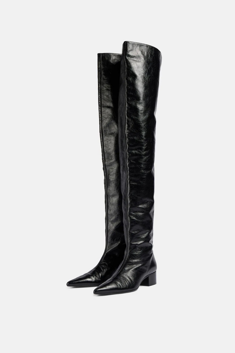 Black Over the knee boots Pointed toe Slip-on Middle heel Modern boots Modern boots