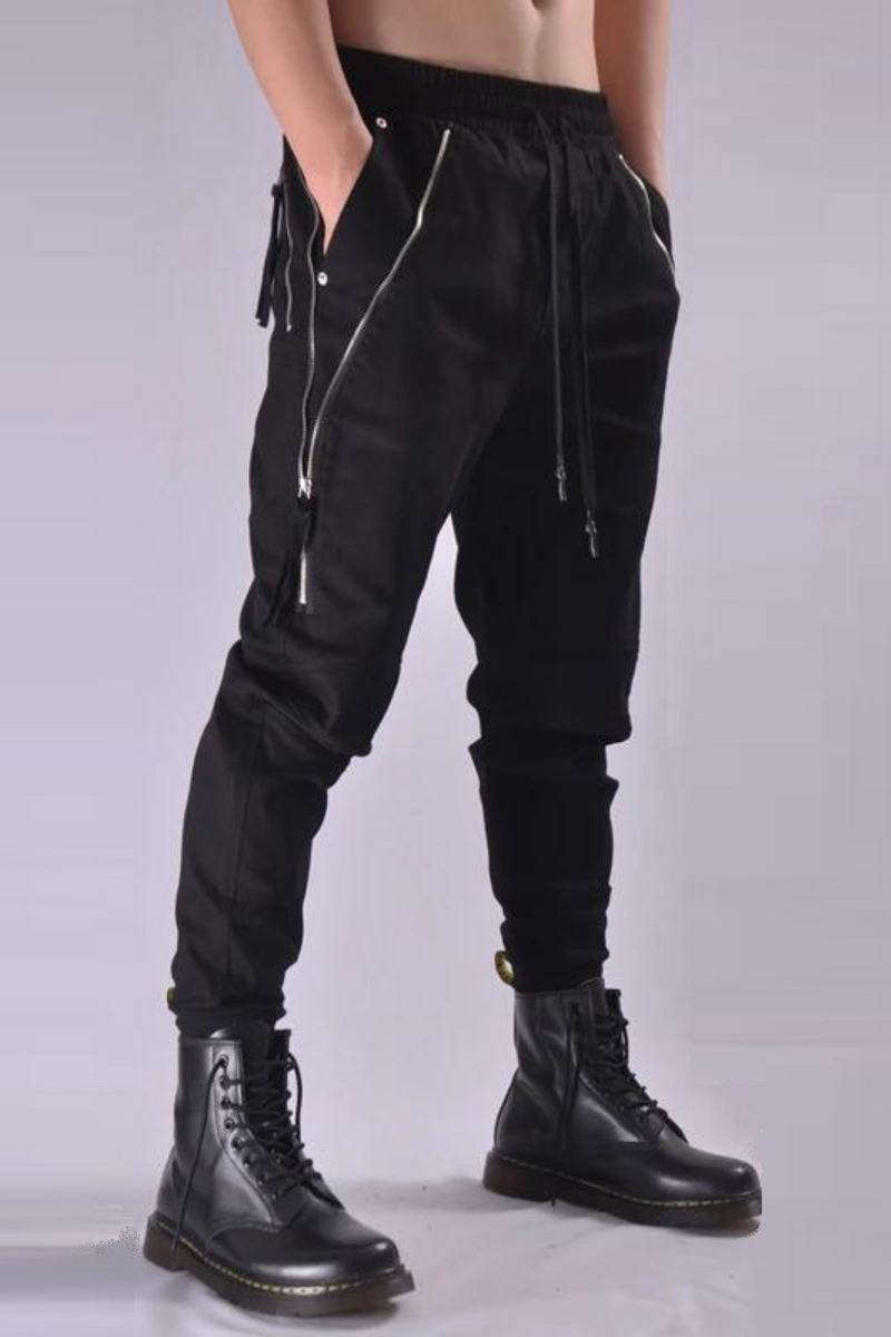 Casual and versatile pants personalized zipper small foot Harlan pants men's slim fitting and legged overalls trend
