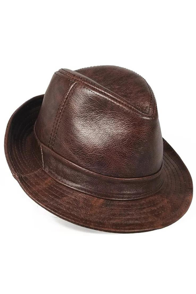 Men Genuine Leather Jazz Fedora Cap Gentleman Short Brim Topper