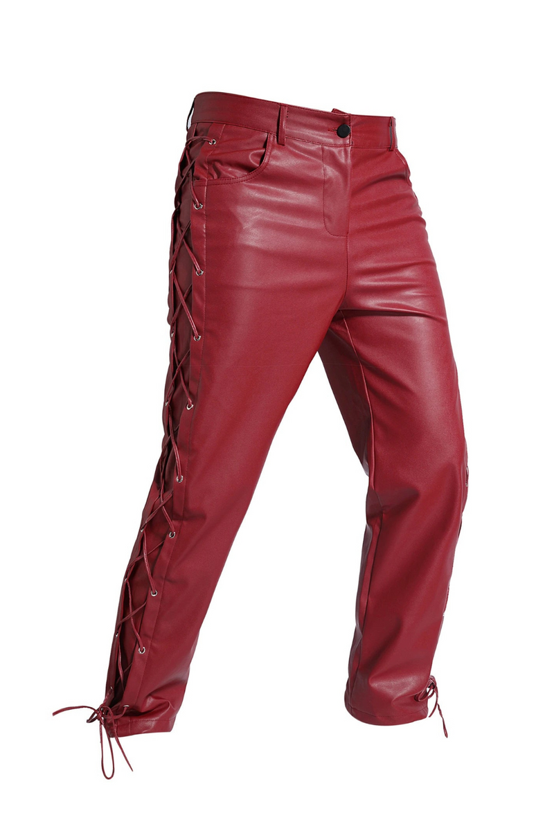 Pants Men's Biker Faux Leather Trousers Red Casual Pant