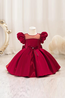 Baby Girl Puff sleeve bow Silk Dresses Birthday Party Dress Flower Girl Princess Dress
