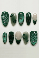 24pcs Green Cat's Eye Fake Nail Short Almond Nails Tips Rippled Press on Nails