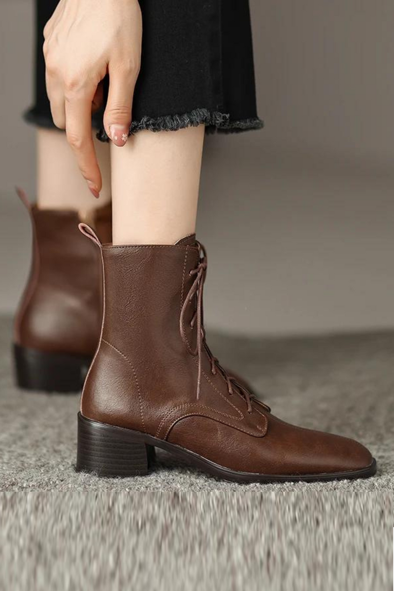 Genuine Leather Zipper Winter Boots Office Ladies Narrow Band Ankle Boots Square Med Heels Women Shoes