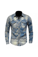 Men Denim Shirts Vintage Embroidery Patchwork Denim Shirts Casual Cotton Shirts for Male