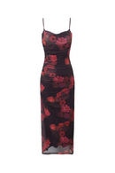 Women Floral Mesh Sling Long Dress Side Hem Slit Female Summer Dresses Bodycon