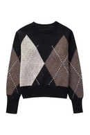 Women's Winter Round Neck Long Sleeve Loose Pullover Blocking Diamond Casual Sweater Women's Oversized Top