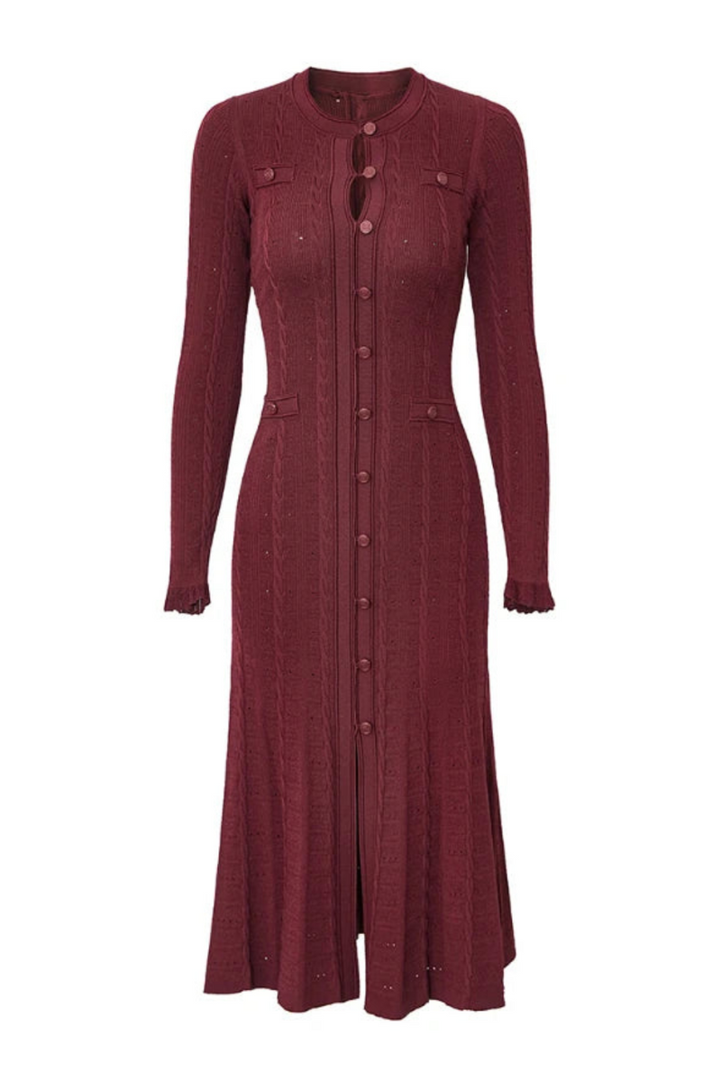 Knitted Cardigan Dresses for Women Round Neck Spliced Single Breasted Dresses Female