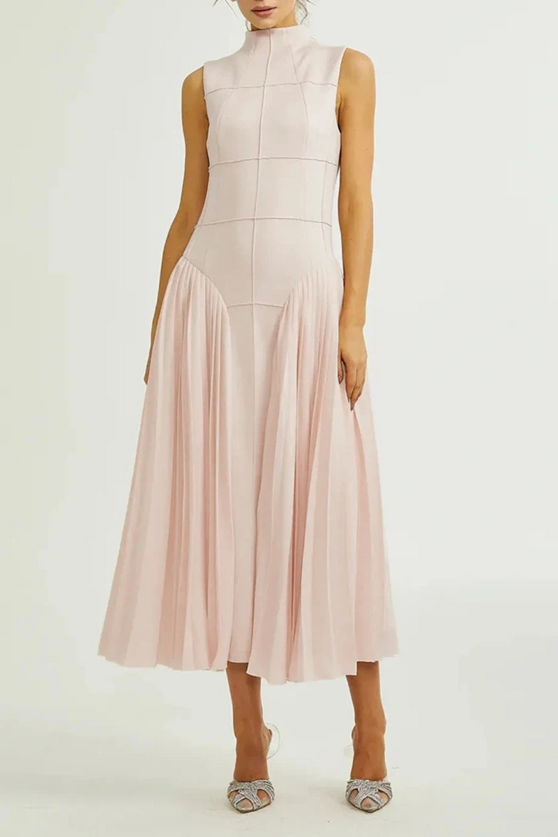 Elegant Dresses for Women High Neck Sleeveless Patchwork Ruffles Fold Dress Female Clothing